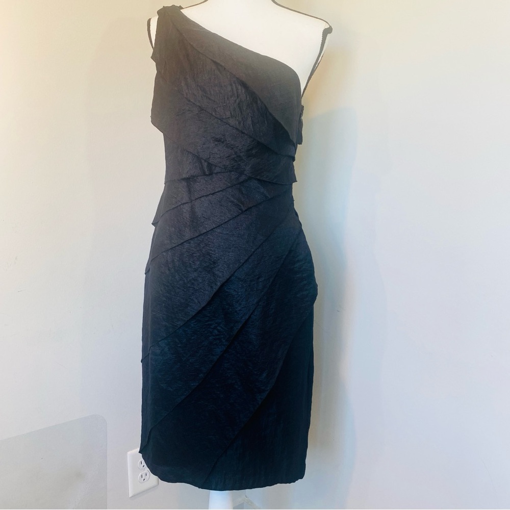 London Times Black One-Shoulder Tiered Sheath Cocktail Wedding Guest Dress Sz 12